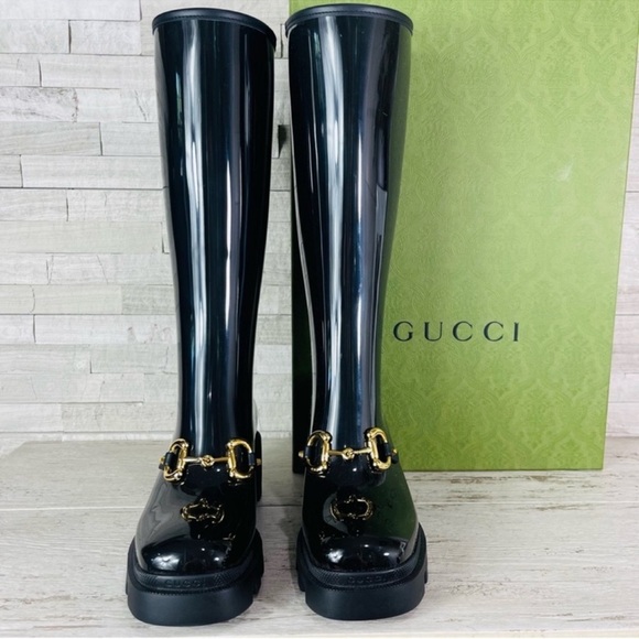 Gucci NWB Size 38 Black Gloss Rubber Insulated Horsebit Knee-High Rain Boot NWT - Picture 4 of 14